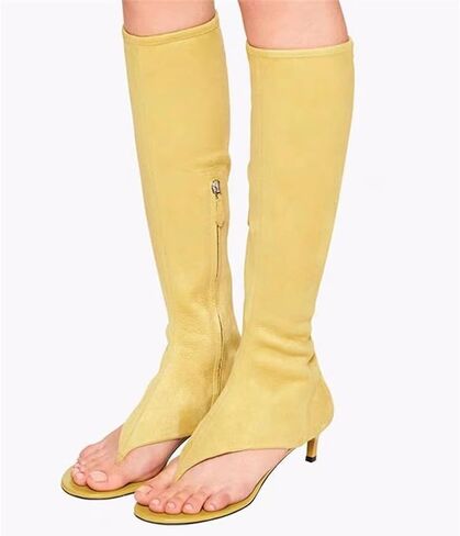Womens Open Toe Thong Knee High Boots with Zipper Stretch Fabric and Kitten Low Heel Tall Sandal Boots in Saudi Arabia