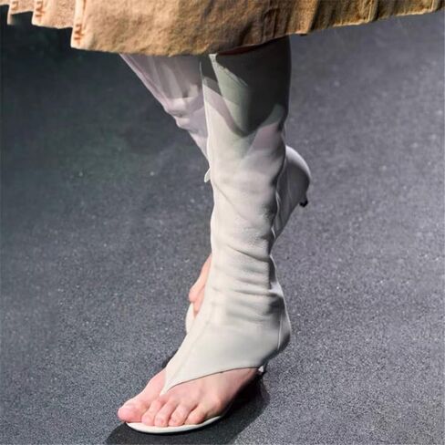 Womens Open Toe Thong Knee High Boots with Zipper Stretch Fabric and Kitten Low Heel Tall Sandal Boots in Saudi Arabia