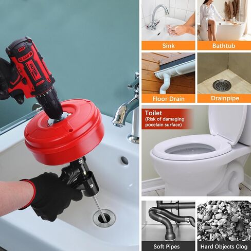 10-In-1 25FT Drain Clog Remover Tools Kit, Plumbing Snake Drain Auger Hair Clog Remover with Gloves and Cleaning Brush and Cleaning Brush for Kitchen and Shower Drain Cleaning in Saudi Arabia