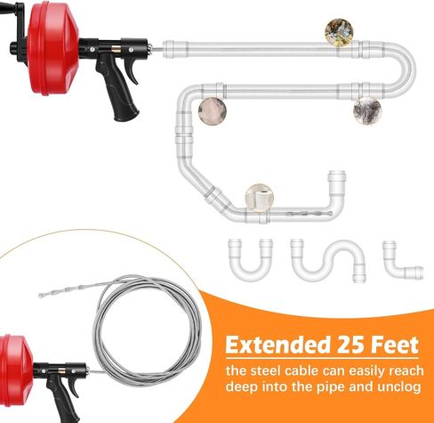 10-In-1 25FT Drain Clog Remover Tools Kit, Plumbing Snake Drain Auger Hair Clog Remover with Gloves and Cleaning Brush and Cleaning Brush for Kitchen and Shower Drain Cleaning in Saudi Arabia