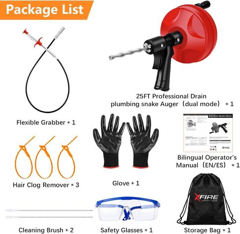 10-In-1 25FT Drain Clog Remover Tools Kit, Plumbing Snake Drain Auger Hair Clog Remover with Gloves and Cleaning Brush and Cleaning Brush for Kitchen and Shower Drain Cleaning in Saudi Arabia