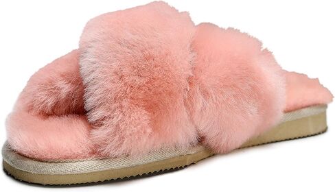 Women's Sheepskin Slippers Indoor Outdoor House Leather Shearling Fur Cross Band Slippers in Saudi Arabia