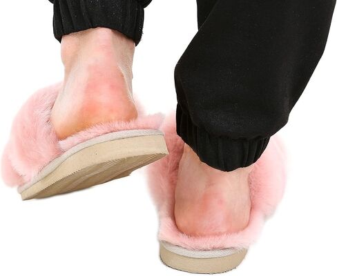 Women's Sheepskin Slippers Indoor Outdoor House Leather Shearling Fur Cross Band Slippers in Saudi Arabia