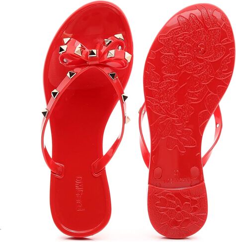Studded Jelly Shoes for Womens Bow Flip Flops Jellies Sandals Flat Black Summer Beach Thong with Rivets Strappy Slides Slip On in Saudi Arabia
