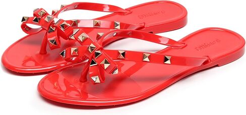 Studded Jelly Shoes for Womens Bow Flip Flops Jellies Sandals Flat Black Summer Beach Thong with Rivets Strappy Slides Slip On in Saudi Arabia