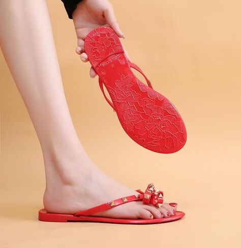 Studded Jelly Shoes for Womens Bow Flip Flops Jellies Sandals Flat Black Summer Beach Thong with Rivets Strappy Slides Slip On in Saudi Arabia