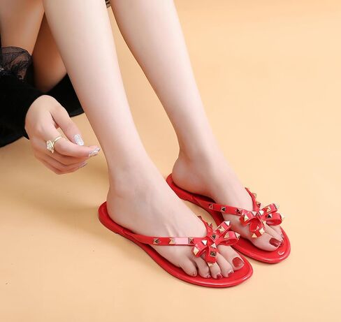 Studded Jelly Shoes for Womens Bow Flip Flops Jellies Sandals Flat Black Summer Beach Thong with Rivets Strappy Slides Slip On in Saudi Arabia
