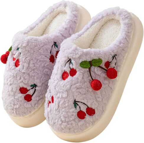 Cherry Slippers for Women, Winter Fluffy House Slippers, Fuzzy Home Bedroom Cotton Slippers, Soft and Cute Plush House Slippers with Memory Foam, Kawaii, Cozy in Saudi Arabia