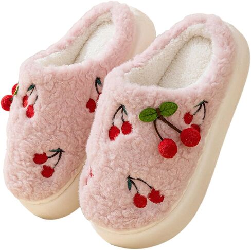 Cherry Slippers for Women, Winter Fluffy House Slippers, Fuzzy Home Bedroom Cotton Slippers, Soft and Cute Plush House Slippers with Memory Foam, Kawaii, Cozy in Saudi Arabia