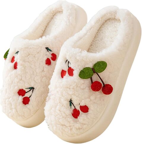 Cherry Slippers for Women, Winter Fluffy House Slippers, Fuzzy Home Bedroom Cotton Slippers, Soft and Cute Plush House Slippers with Memory Foam, Kawaii, Cozy in Saudi Arabia