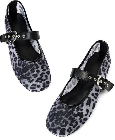 Leopard Mesh Mary Jane Ballet Flats for Women Slip On Round Toe Flats Women's Low Heel Ballerina Shoes Buckle Strap Casual Comfortable Dress Shoes in Kuwait