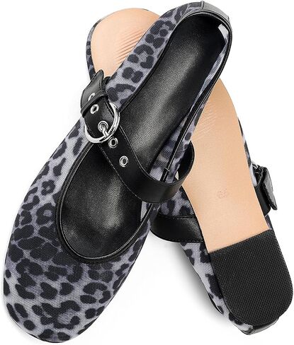 Leopard Mesh Mary Jane Ballet Flats for Women Slip On Round Toe Flats Women's Low Heel Ballerina Shoes Buckle Strap Casual Comfortable Dress Shoes in Kuwait