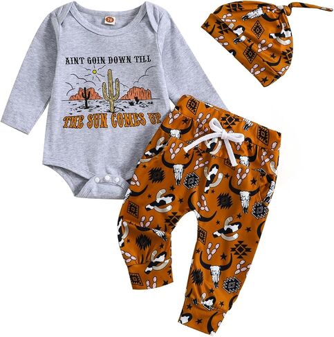 Western Newborn Baby Boy Outfits Cowboy Long Sleeve Rompers Long Pants Hat Set Infant Coming Home Clothes in Saudi Arabia