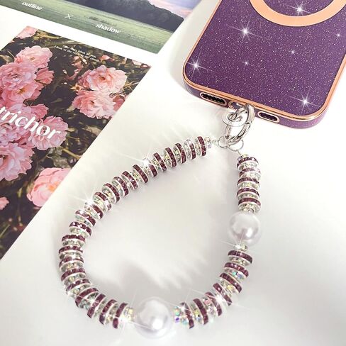 Pearls Crystals Phone Charm, Luxury Bling Diamond Glitter Beaded Wrist Strap, Hanging Accessory Keychain Anti-loss Phone Lanyard Wristlet for Women Girls-Blue in Kuwait