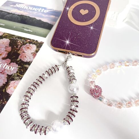 Pearls Crystals Phone Charm, Luxury Bling Diamond Glitter Beaded Wrist Strap, Hanging Accessory Keychain Anti-loss Phone Lanyard Wristlet for Women Girls-Blue in Kuwait