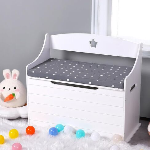 Wooden Toy Box With Cushion Kids Toy Chest With Seating Bench Large Storage Cabinet With Safety Hinged Lid Seat Bench Toy Storage Organizer for Girls and Boys,White in Saudi Arabia