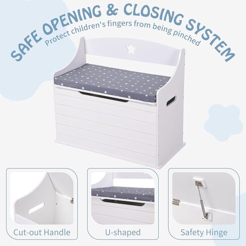 صندوق ألعاب خشبي مع وسادة للأطفال، صندوق ألعاب مع مقعد جلوس، خزانة تخزين كبيرة مع غطاء مفصلي آمن، منظم تخزين الألعاب للفتيات والفتيان، أبيض in Kuwait