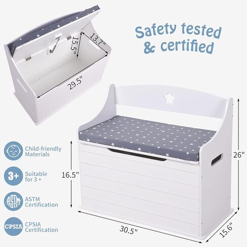 صندوق ألعاب خشبي مع وسادة للأطفال، صندوق ألعاب مع مقعد جلوس، خزانة تخزين كبيرة مع غطاء مفصلي آمن، منظم تخزين الألعاب للفتيات والفتيان، أبيض in Kuwait
