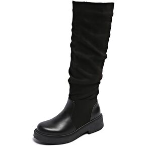 Women's Knee High Puckered Boots with stretch - Block Chunky Heel Riding Boots