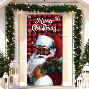 Nepnuser African American Christmas Door Cover Black Santa Claus Decoration Xmas Winter Holiday Party Supply Backdrop Front Door Hanging Banner