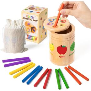 BeYumi Color Sorting Toys for Kids Wooden Montessori Toys for 1-3 Year Old Fruit Sorting Sticks Learning Matching Box for Toddlers Age 1 2 3 Preschool Fine Motor Skills Sensory Matching Game Baby Gift