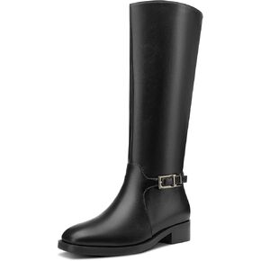 Castamere Riding Boots for Women Knee High Round Toe Low Chunky Block Heel Metal Buckle Fashion Slip-on Tall Long Boots Mid Calf Boots 1.4 Inches
