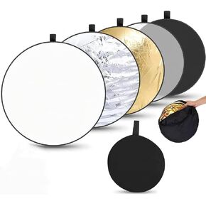12 Inch/30cm 5 in 1 Photography Reflector Collapsible Round Light Plate with Bag for Studio Photography Lighting and Outdoor Lighting - Translucent, Silver, Gold, White and Black