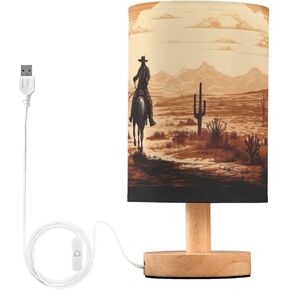 Vintage Western Cowboy LED Table Lamp - Modern Minimalist Bedside Lamp with Round Flaxen Fabric Shade for Nightstand, Perfect for Bedroom Ambiance