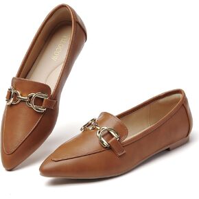 Tilocow Metal Chain Loafers Flats for Women Pointed Toe Slip on Flats Comfortable Fashion Work Business Shoes