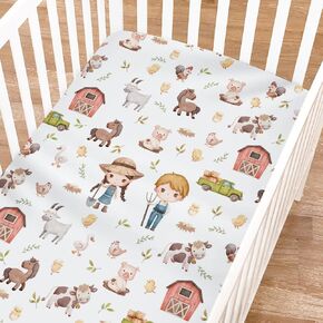 Watercolor Farm Life Fitted Crib Sheets for Boy Girl 52"x28" Farm Animals Pig Goat Horse Cow Chick Rooster Duck Leaves Barn Truck Soft Fitted Nursery Bed Sheets for Standard Crib Toddler Mattress