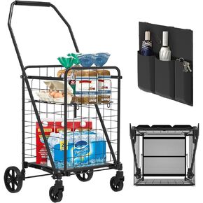 Folding Shopping Cart with Open Door, Lightweight Grocery Cart on Wheels, 360° Swivel Wheels Utility Cart with Pocket Bag, Portable Shopping Cart for Groceries, Laundry, Luggage, Holds 100 LBS