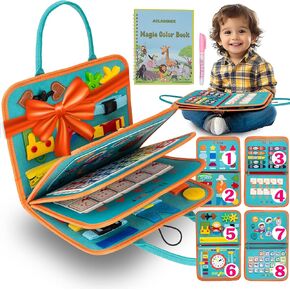 Atlasonix Montessori Busy Board for Toddlers - Educational Learning Toy with Zippers, Buckles, Velcro & Shapes - Travel Activity for Car Rides & Flights - Engaging Christmas & Birthday Gifts for Kids