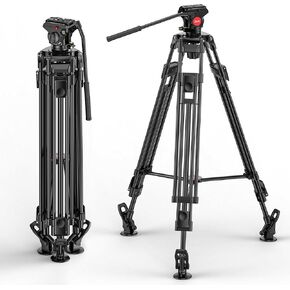 Video Tripod with Fluid Head, Heavy Duty Aluminum Alloy, Max Height 74 in, Max Load 220 lb, Compatible with Manfrotto, Canon, Nikon, Sony DSLR Camera Camcorder