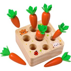 Montessori Toys for 1 Year Old, Montessori Baby Carrots Toy for 12 Months, Educational Wooden Carrot Harvest Game for Shape Sorting & Easter Toys, Birthday Gifts for Babies Boys Girls