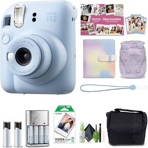 FUJIFILM INSTAX Mini 12 Instant Film Holiday 2024 Camera Bundle (Pastel Blue) + Travel Bag Small + Cleaning kit + FUJIFILM INSTAX Mini Instant Film (20 Sheets) + 4xAA Battery with Charger