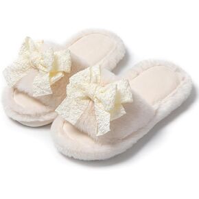Verdusa Women's Bow Tie Fuzzy Faux Fur House Slippers Open Toe Slip On Slides Shoes