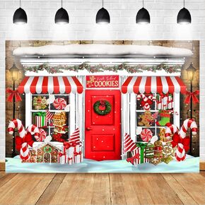 Mocsicka Christmas Candy Store Backdrop for Photography Xmas Gingerbread Store Photo Background Red and White Candy Cane Holiday Party Decor Portrait Studio Booth Photobooth Props (7x5ft)