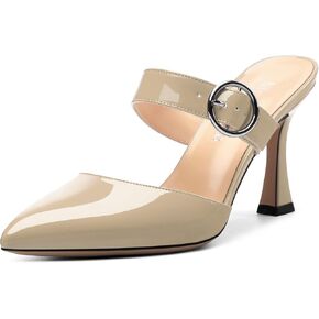 Kitten Heels Mules for Women - Pointed Toe Single-Strap with Round Buckle Slip-on Sandals Womens Party Wedding Pumps Stiletto