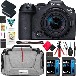 هيكل كاميرا Canon EOS R7 بدون مرآة مع RF-S مقاس 18-150 مم F3.5-6.3 عبارة عن عدسة STM 5137C009 مع حقيبة تصوير Deco Gear + 2 × بطارية + 2 × بطاقات ذاكرة سعة 64 جيجابايت + مجموعة ملحقات in Saudi Arabia