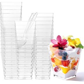 50 Pack 5 oz Square Dessert Cups with Spoons, Clear Plastic Parfait Cups for Party, Mini Serving Shooter Appetizer Cups, Dessert Shot Glasses for Tasting Samples Fruit Ice Cream