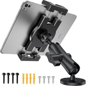 Industrial Tablet Mount for Truck&Vehicle, Heavy Duty Drill Base iPad Mount Holder for Car, Adjustable Aluminum Arm, Compatible w/ 4.7"-12.9" Devices, Perfect for Dashboard, Boats, Walls–Grey