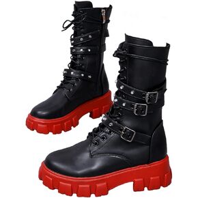 ZKXYFFS Womens Goth Ankle Booties Chunky High Heel Mid Calf Boots Side Zip Combat Boots Lace Up Punk Rivet Boots Motorcycle Platform Boots for Women