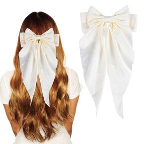 Hair Bow for Women, Big Bow Hair Clip, Silky Satin Hair Bow with Long Tail, Hair Barrette Girls Hair Accessories for Birthday Wedding Holidays (White)