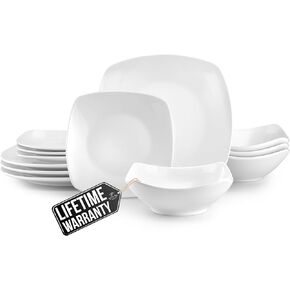 Zulay Kitchen Dishes Set for 4 - Durable 16-Piece Square Dinnerware Sets - Chip & Scratch-Resistant Porcelain Kitchen Plates & Bowls Sets - Dishwasher Safe Dish Set - Microwave Safe Plate Set - White