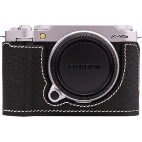 Uchandmade】 Handmade Genuine Leather Camera Half Case for Fujifilm X-M5/Fujifilm X-M5 Camera Case/Fujifilm X-M5 Case - Top Layer Cowhide Body + Metal Base Plate (Black)