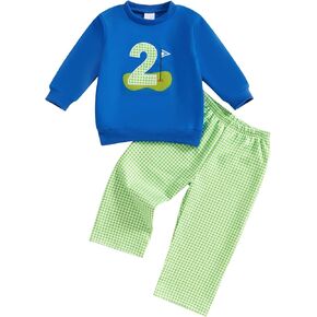 SAYOO Toddler Baby Boy Golf Outfit Hole in One Embroidery Sweatshirts Top Plaid Long Pants Set 2Pcs Golf Theme Fall Clothes