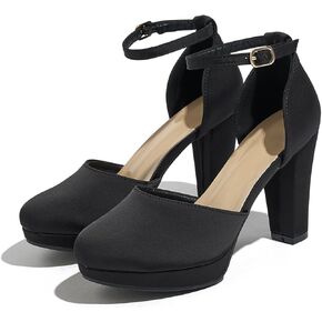 Women's High Block Heels Pumps Round Closed Toe Ankle Strap Dress Wedding Shoes