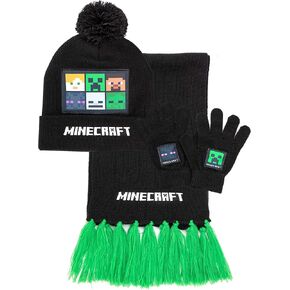 Minecraft Boys Beanie, Gloves & Scarf Set | Kids One Size Green Knitted Winter Pom Pom Hat | Warm Gloves & Scarf with Creeper Character Face Logo | Mojang Video Game Merchandise Gift