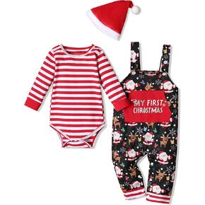Baby Boy My First Christmas Thanksgiving Outfit Striped Romper Suspender Pants Hat 3PCS Baby Boy Clothes 0-18 Months