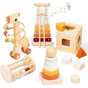Wooden Montessori Toys for Toddlers 1-3,Baby 12-18 Months Educational Object Permanence Box for Xylophone,Shape Sorting Cube,Stacker Ring,Rattle,Boy Girl Preschool Sensory Developmental Gift